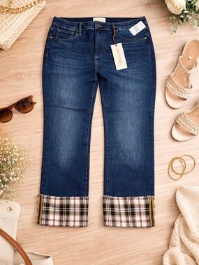Driftwood Dark Blue Cuffed Women's Jeans with Plaid Trim